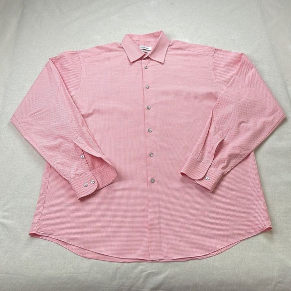 Calvin Klein Dress Shirt Mens 16.5 34/35 Pink Gingham Long Sleeve Button Down - Picture 2 of 12